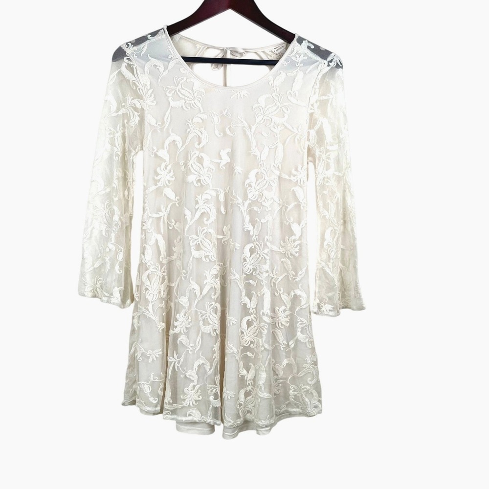 Y2K 90s Mini Dress Sz S Lace Fairy Cottage Coquette Boho Embroidered Cream Sheer